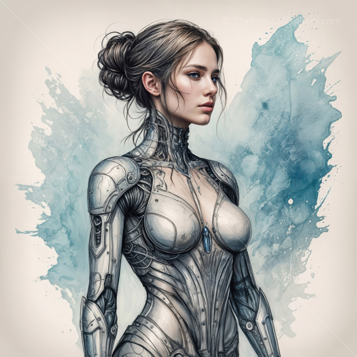 Futuristic warrior stands poised, blending human grace with robotic strength in a vibrant sci-fi landscape