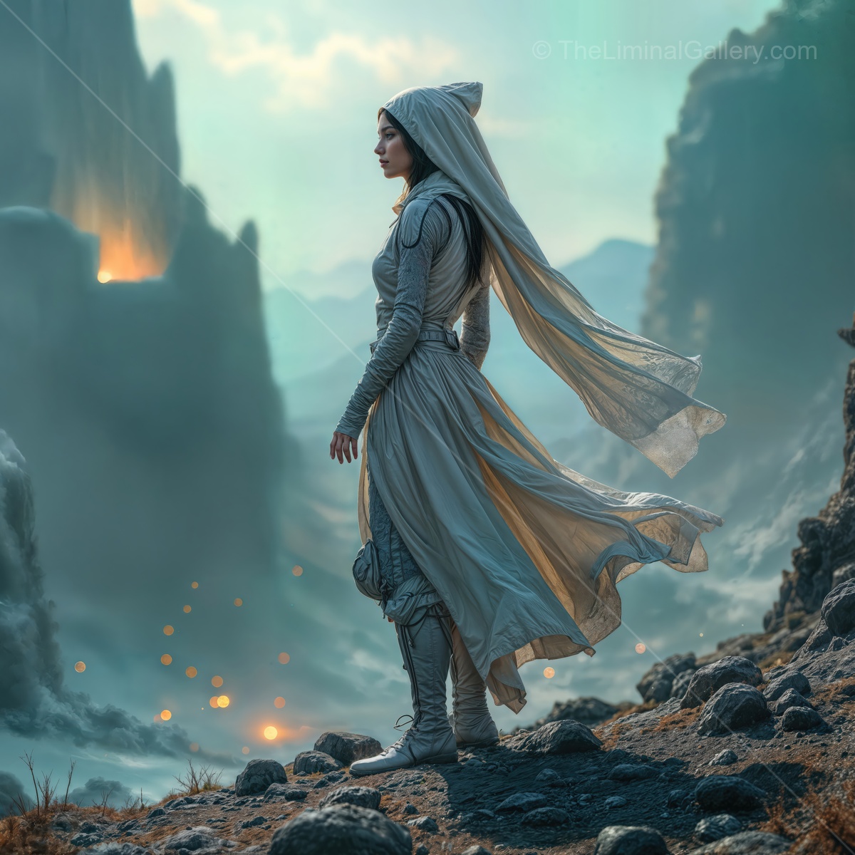 Enigmatic warrior gazes at the distant alien landscape, surrounded by ethereal lights in a sci-fi realm of wonder and mystery