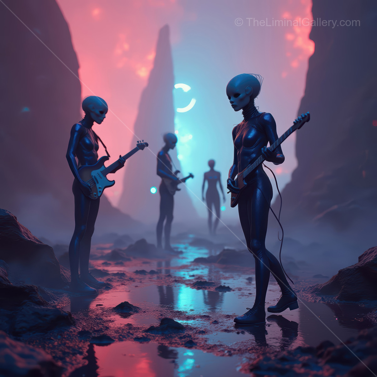 Alien musicians perform an otherworldly concert in a vibrant sci-fi canyon at dusk, captivating their audience with surreal sounds