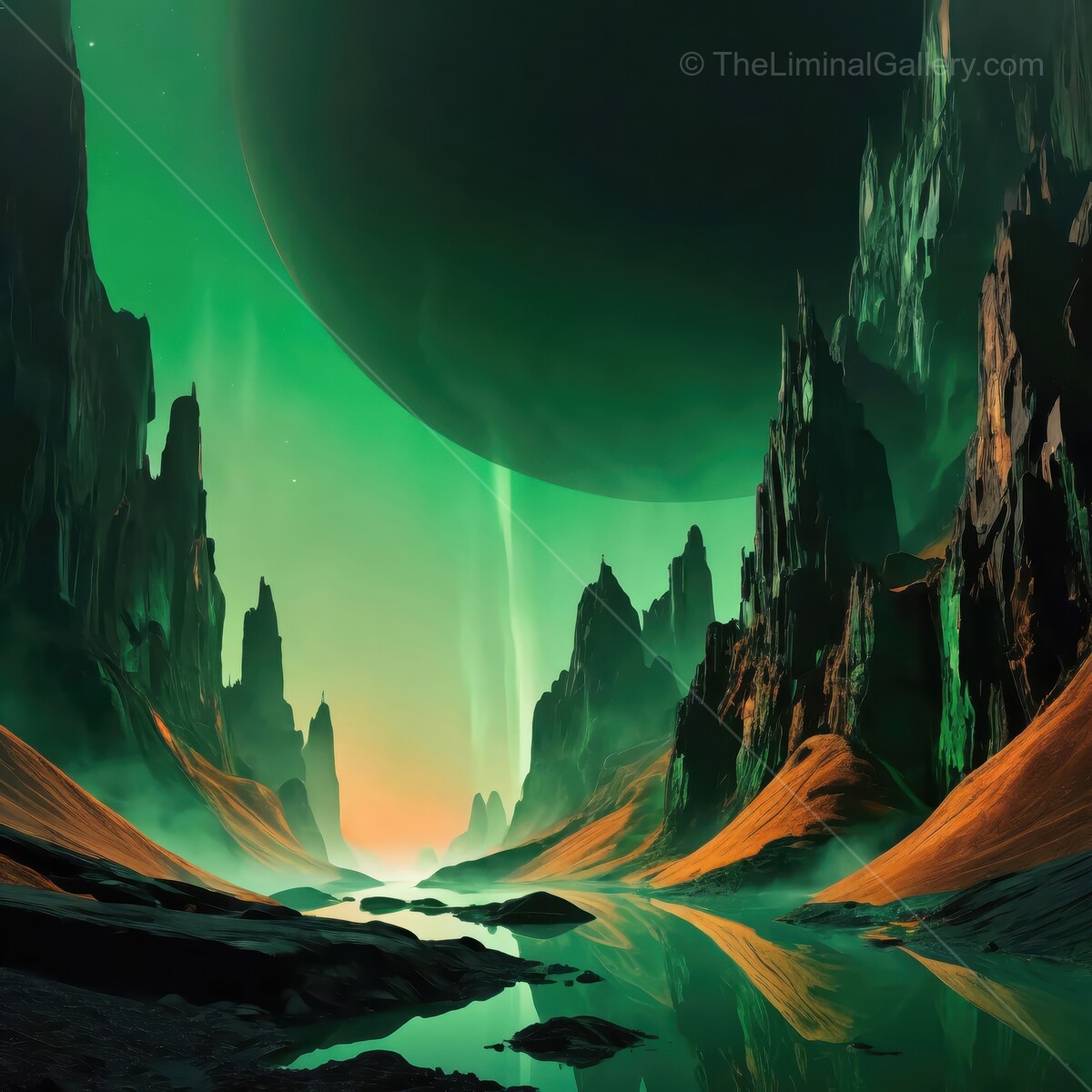 Breathtaking sci-fi alien landscape with towering cliffs and a luminous green sky