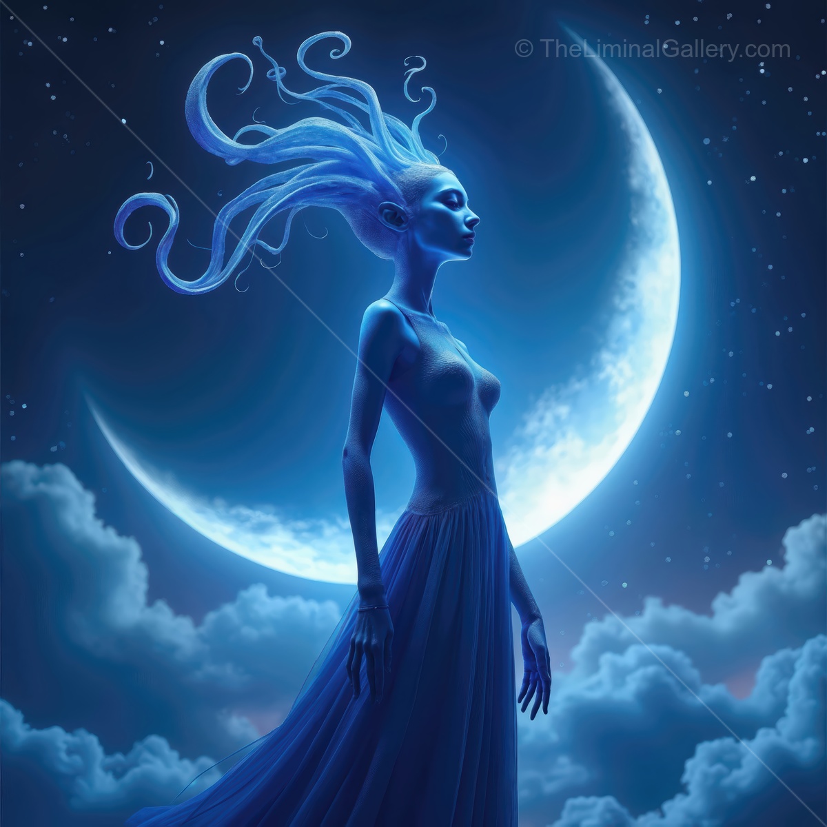 Enchanting alien figure gazes at the moon in a cosmic night sky surrounded by whimsical clouds