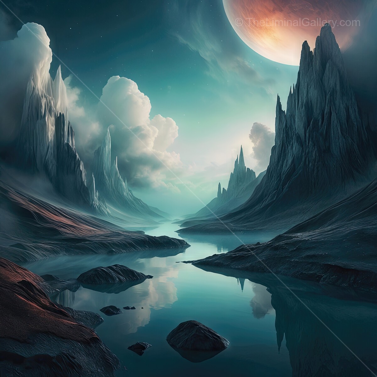 Majestic sci-fi alien landscape with a serene river and celestial bodies under a glowing moon