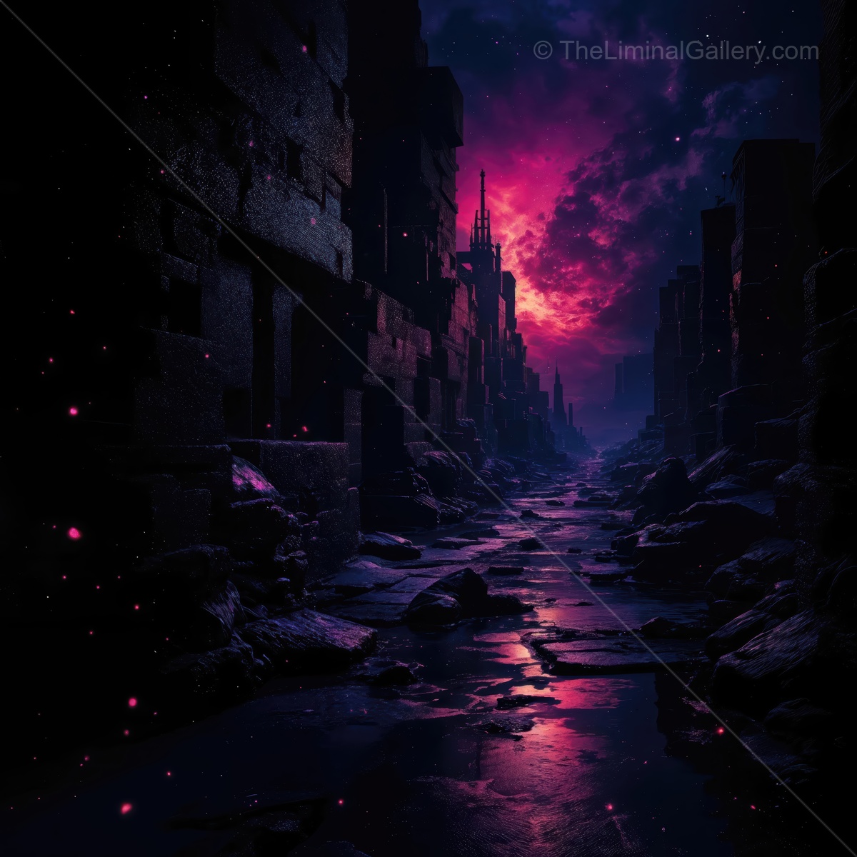 Mystical ruins illuminated by vibrant skies at dusk in a forgotten city landscape