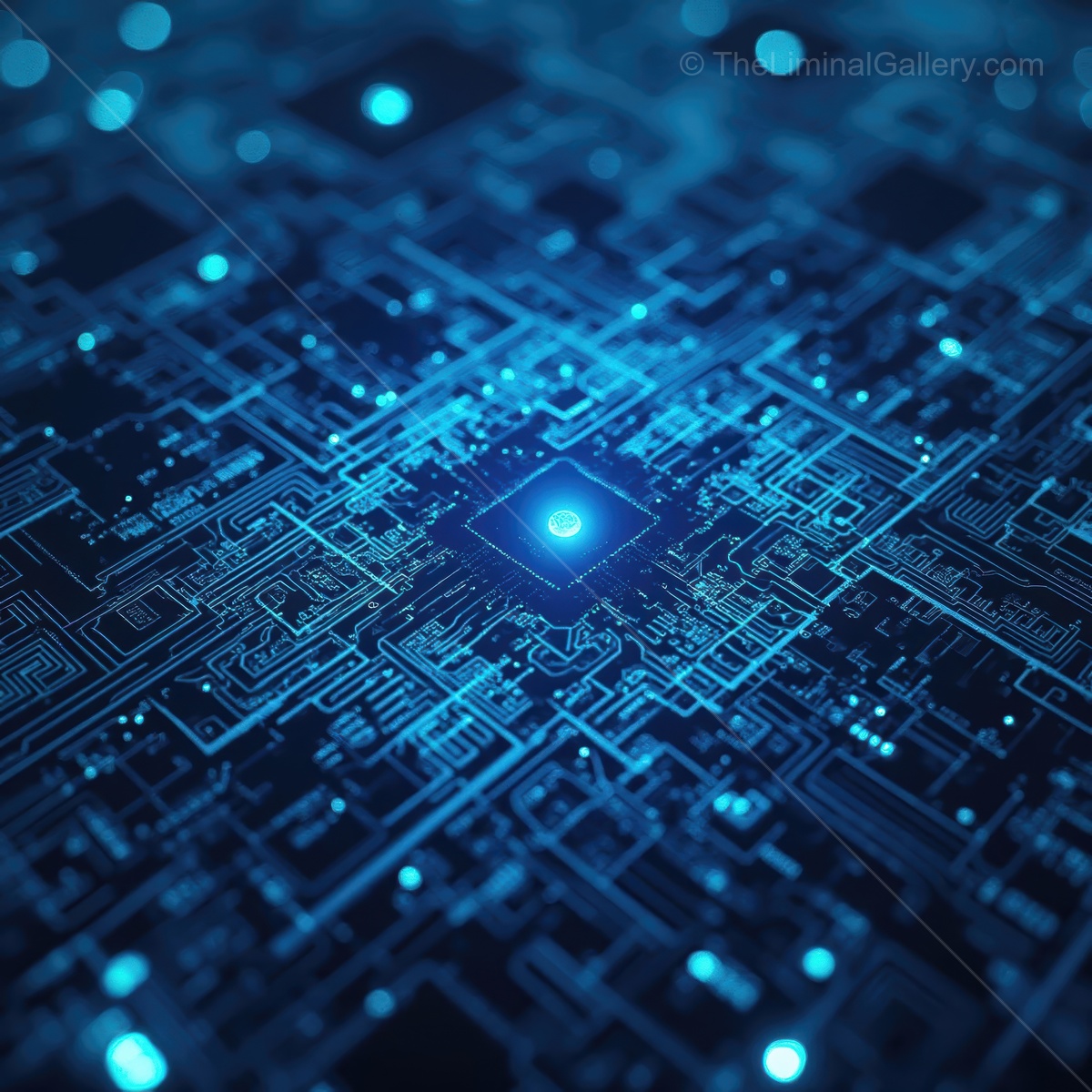 Discovering the intricate beauty of a digital circuit board glowing in deep blue tones at night