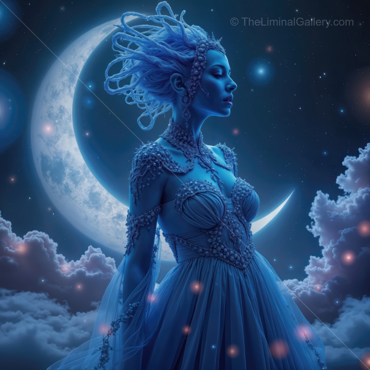 Enchanted lunar figure draped in shimmering blue, poised against a cosmic backdrop at twilight