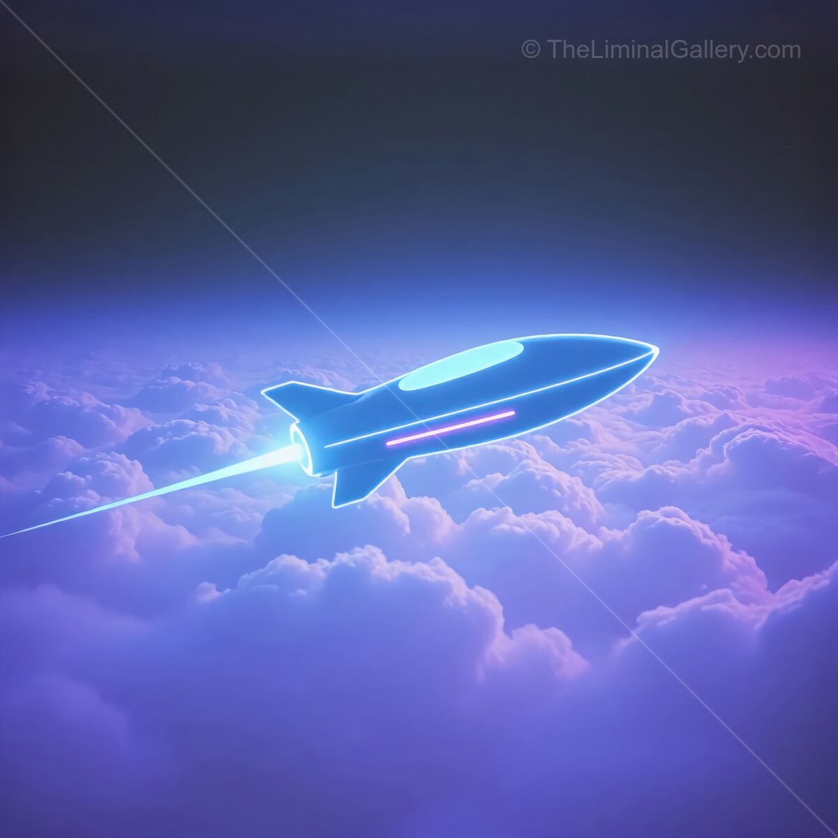 Bright cartoon neon rocket soaring through dreamy purple clouds at dusk