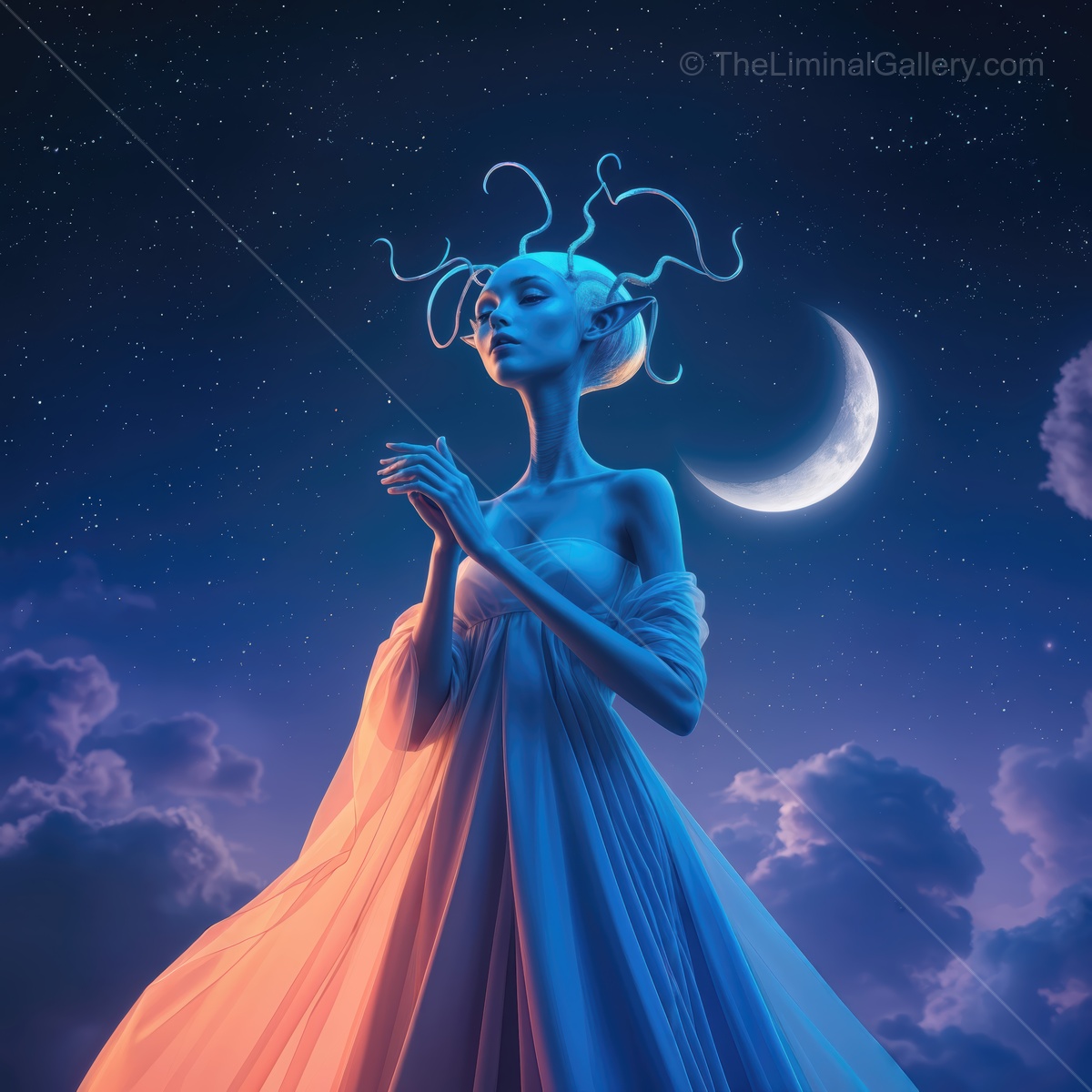 Celestial figure stands beneath a glowing crescent moon in a vibrant and surreal night sky