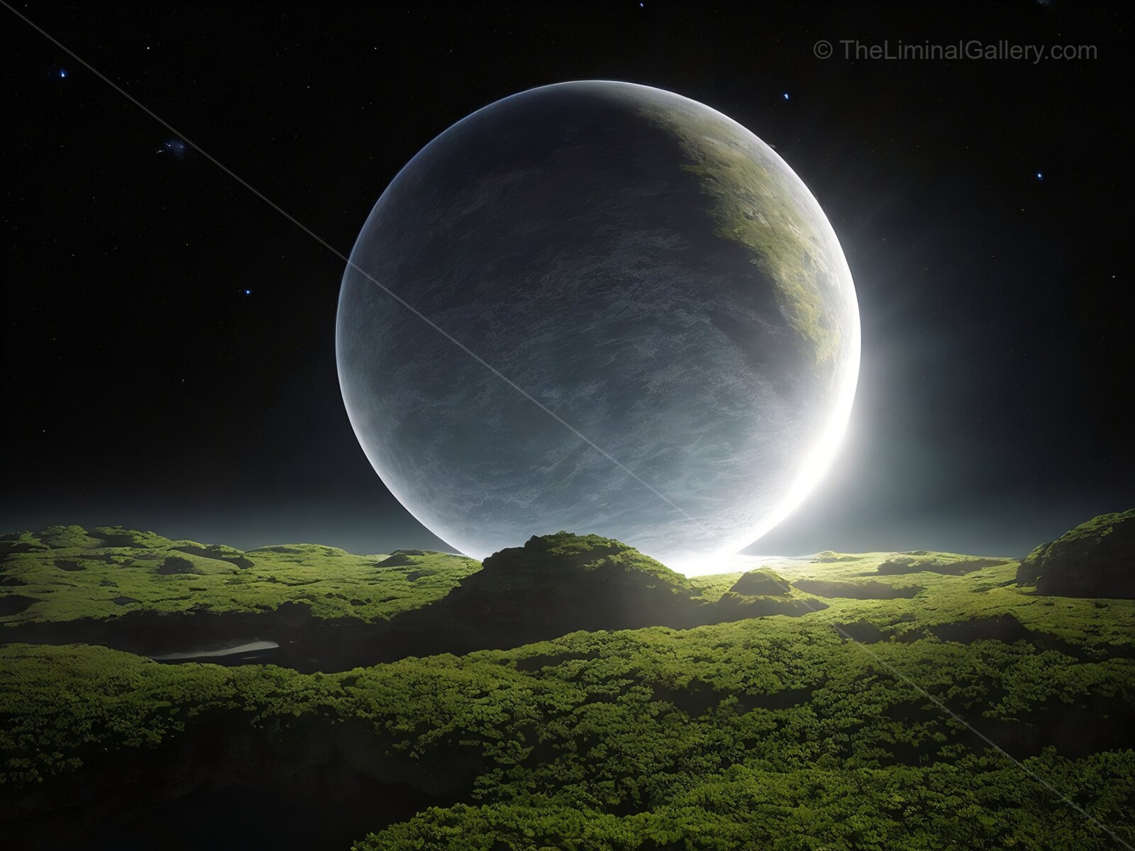 Mysterious alien landscape illuminated by a distant celestial body at dawn