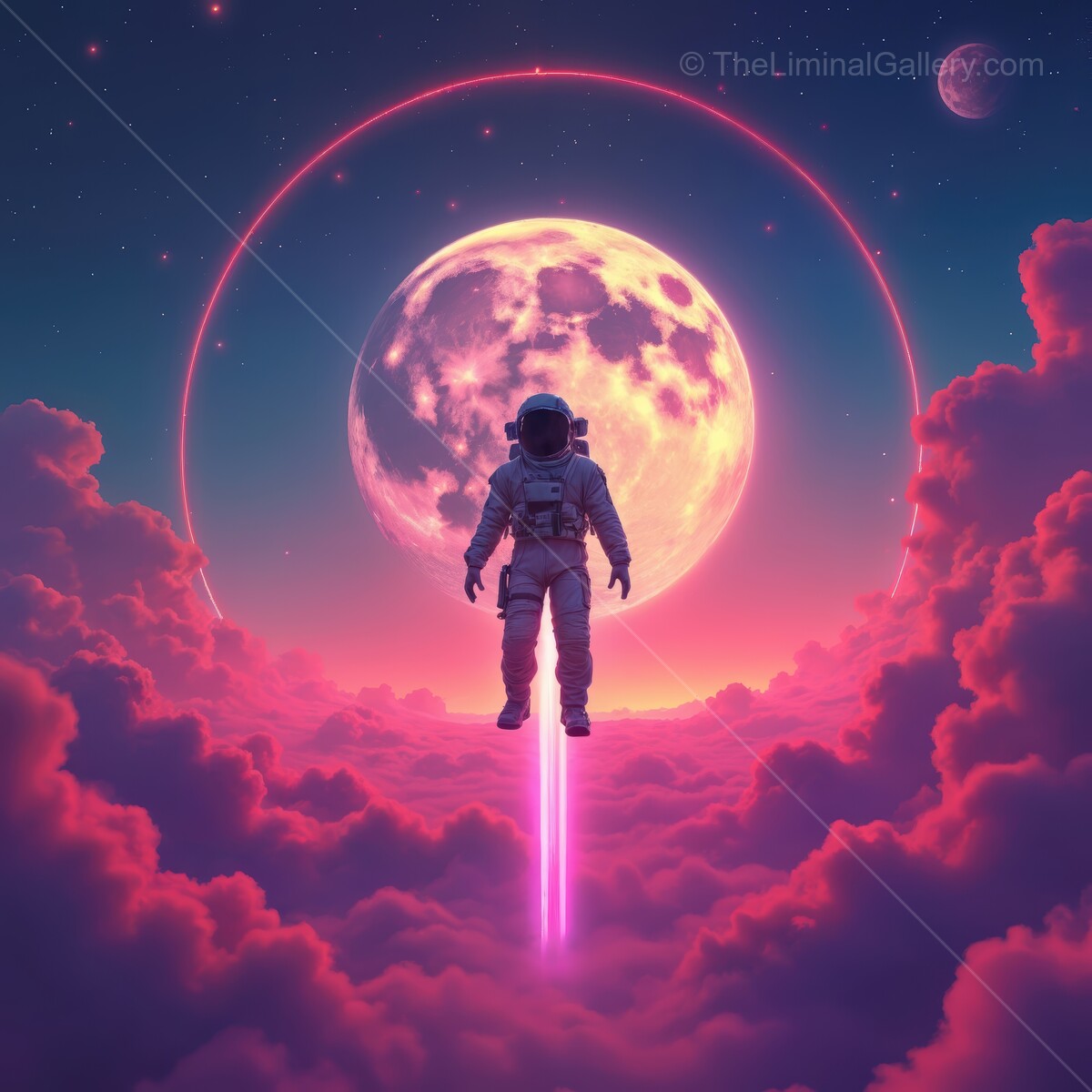 Astronaut soaring through vibrant clouds with a luminous moon backdrop at dusk