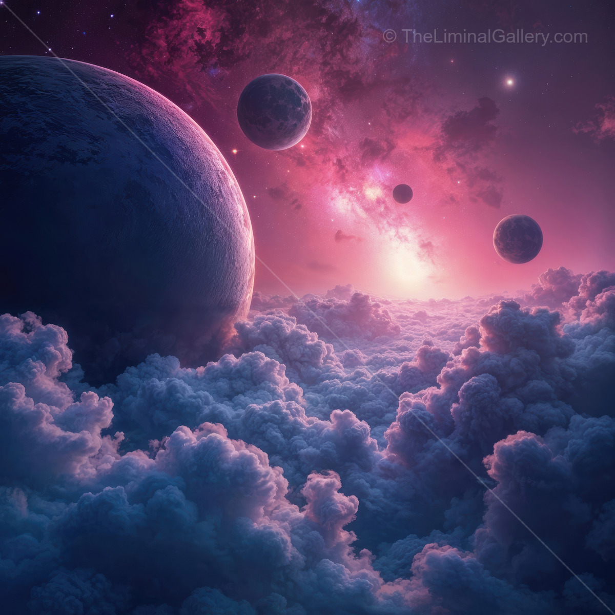 Cosmic journey through colorful clouds and distant planets in a vibrant sci-fi universe