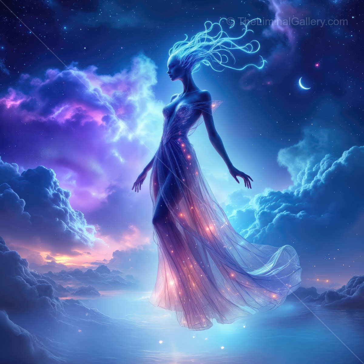 Ethereal being suspended in a cosmic landscape, surrounded by vibrant colors and stars at twilight