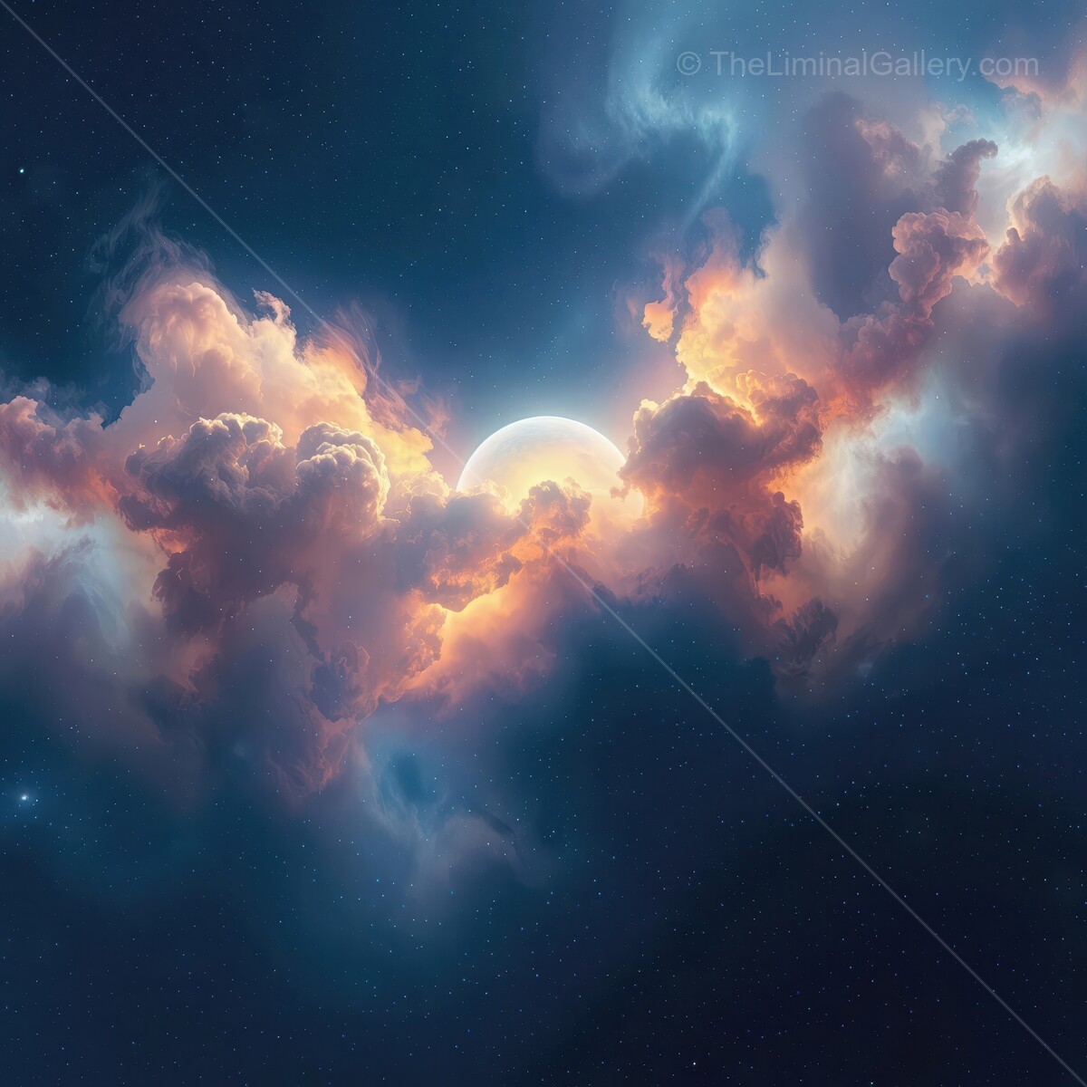 Celestial clouds embrace a glowing orb amidst the vast cosmic expanse