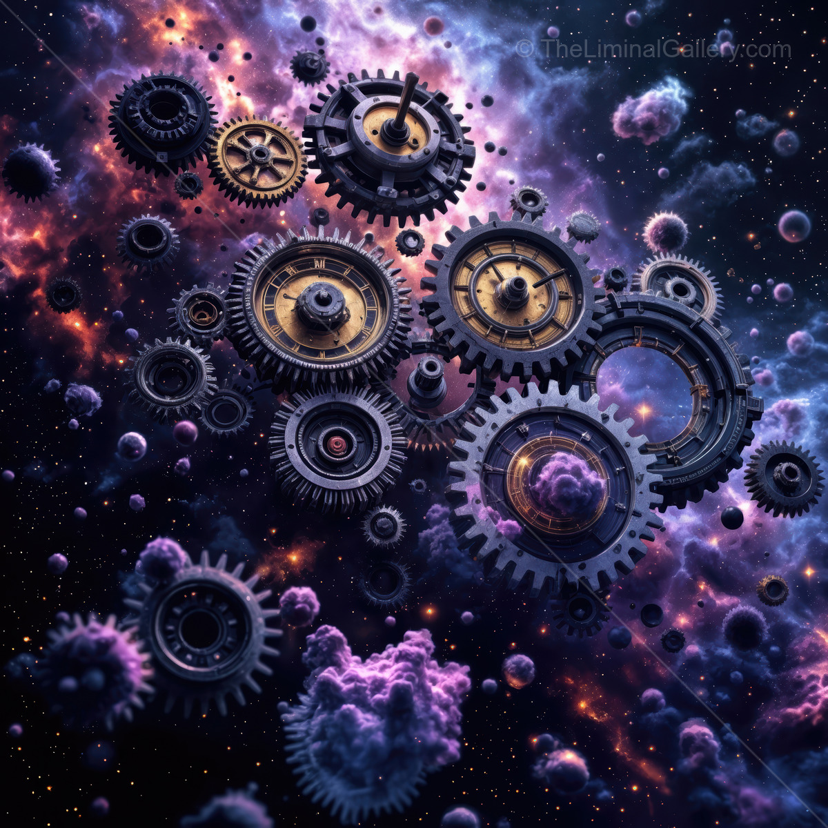 Gears of the cosmos spin through a vibrant galaxy filled with stars and colorful nebulae at the edge of the universe