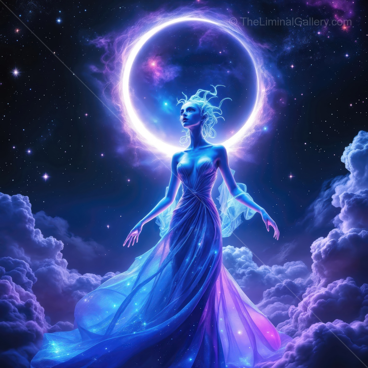 Celestial guardian embraces the cosmic beauty under a dreamlike sky