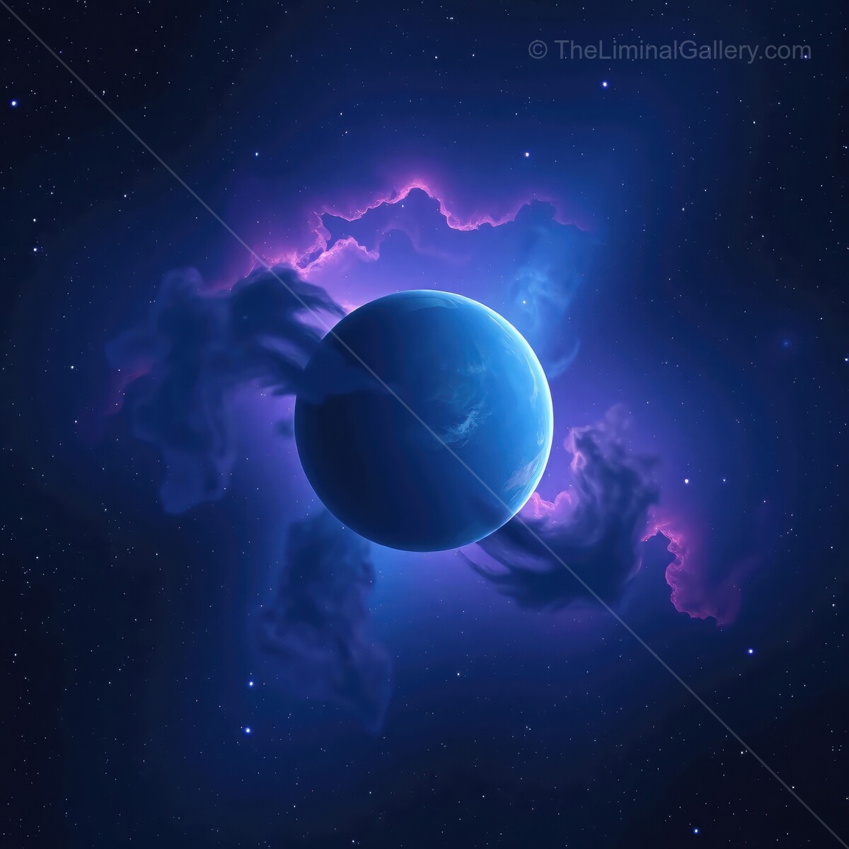 Vivid cosmic display with a glowing blue planet surrounded by vibrant nebulous clouds