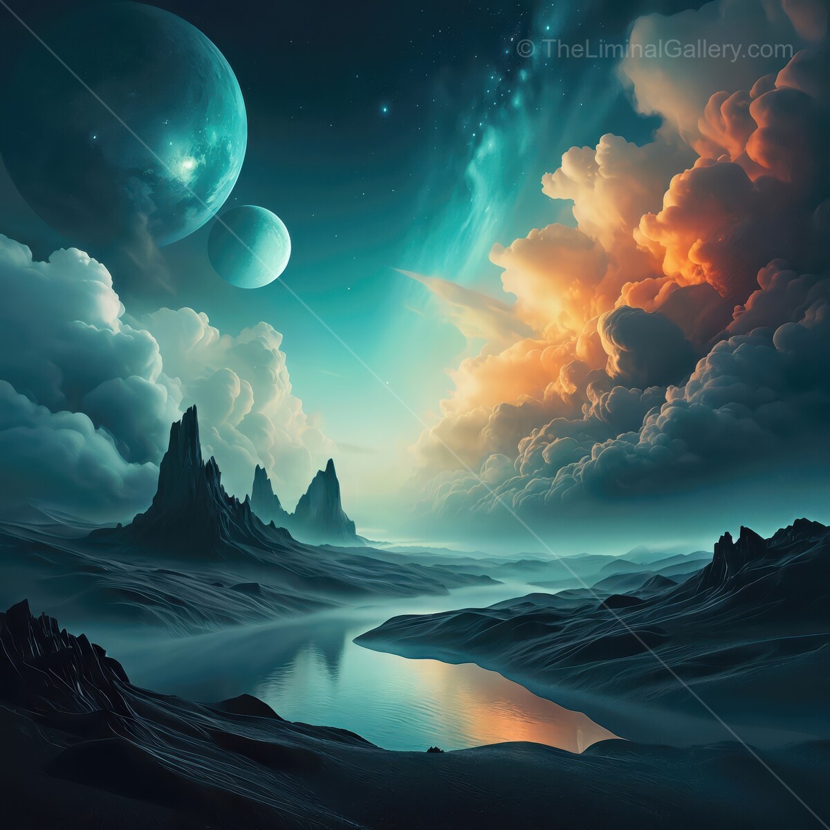 Vivid sci-fi cosmic landscape with planets and ethereal clouds at dusk in a serene alien world