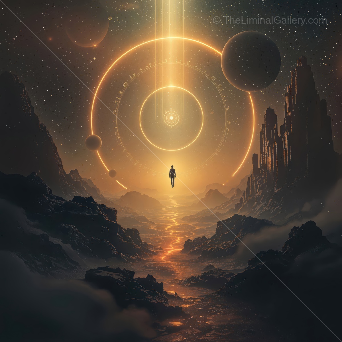 Journey through a cosmic portal into a vibrant alien landscape filled with swirling galaxies and distant planets