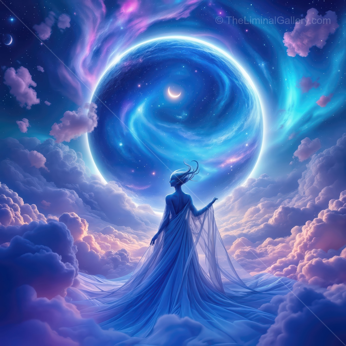 Enchanting cosmic figure in a swirling celestial realm under a dreamlike sky