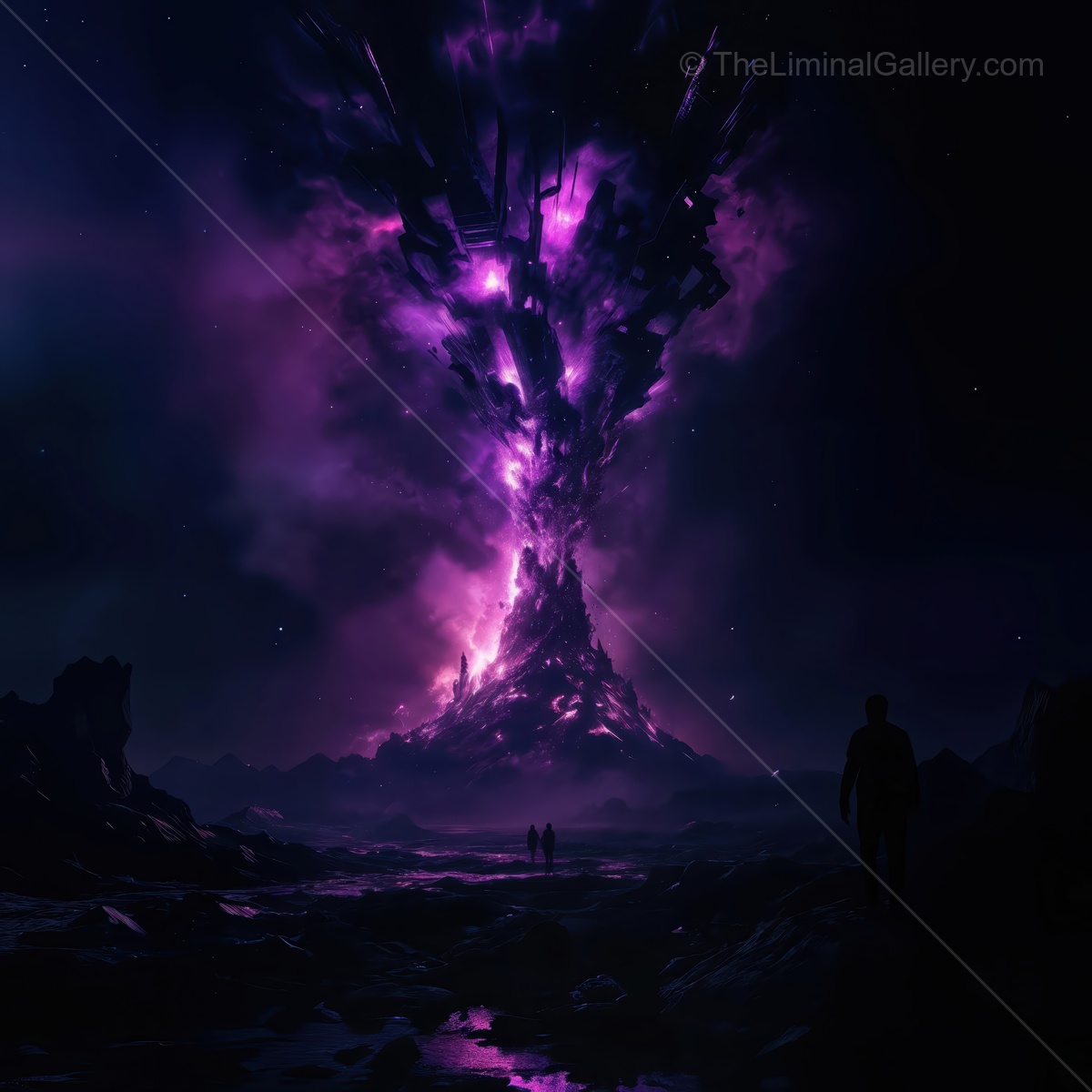 Majestic cosmic tree erupts in a vibrant display of light under a starlit sky