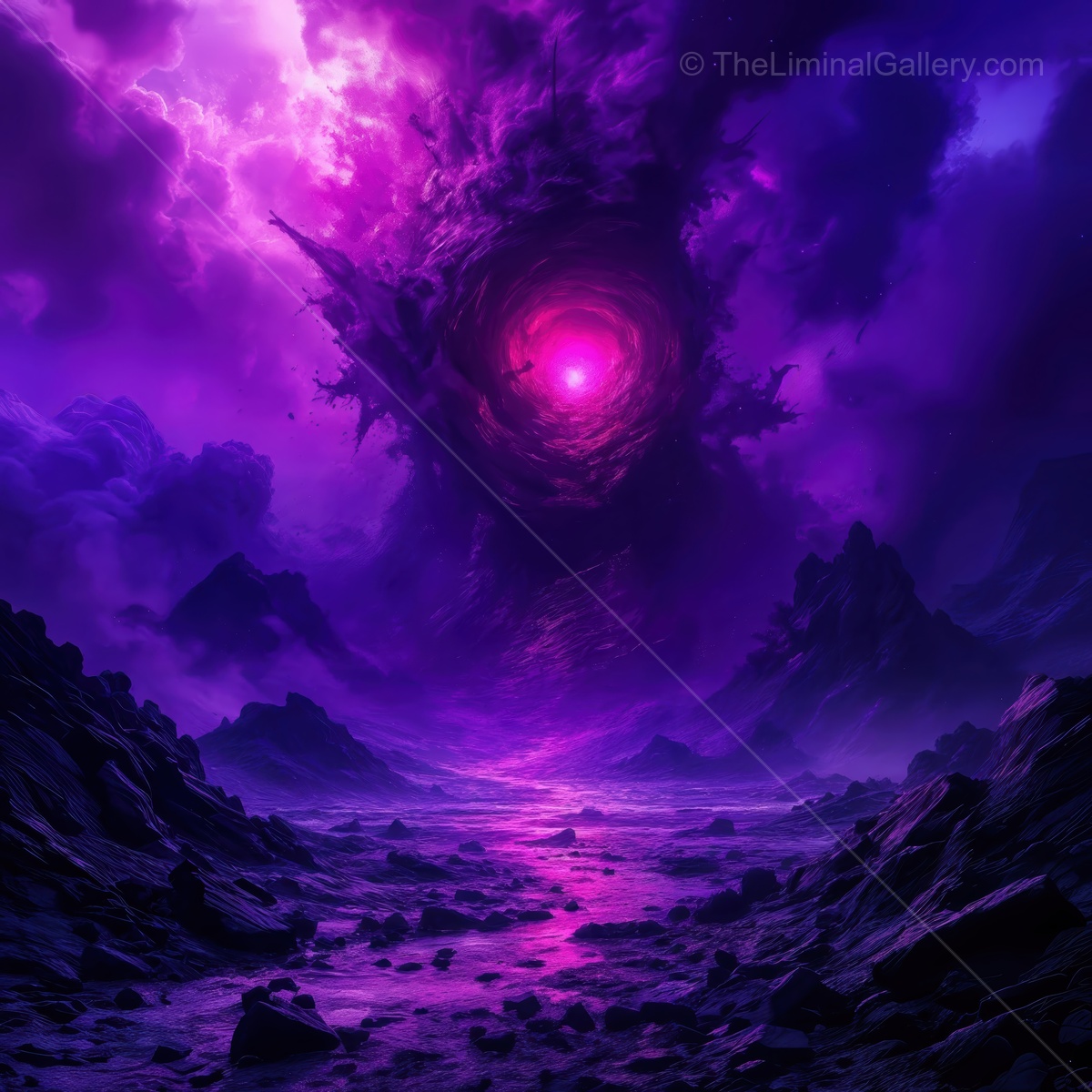 Mysterious cosmic vortex swirling above a dark alien landscape during an otherworldly twilight