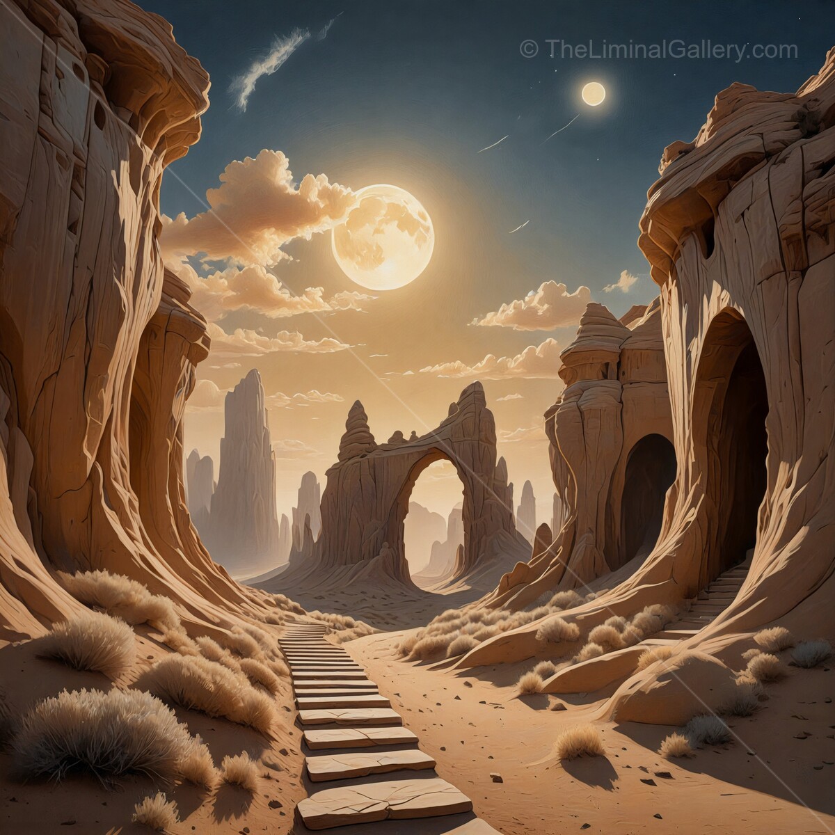 Majestic desert landscape illuminated by a glowing moon and distant celestial bodies in a tranquil evening sky