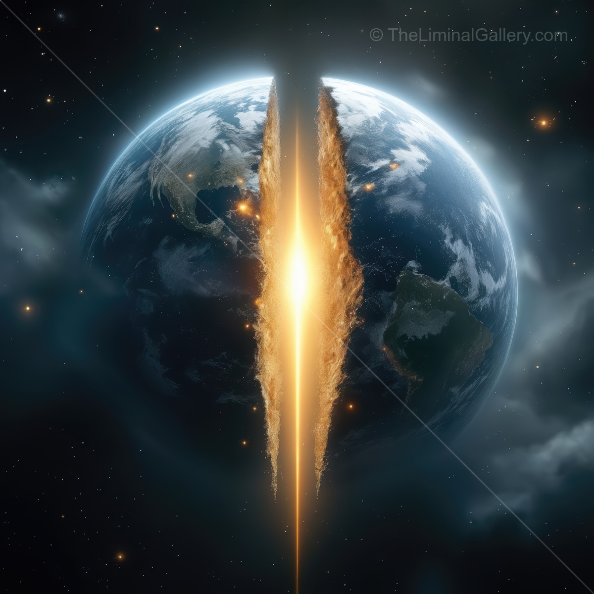 Powerful cosmic event creates a massive split in the Earth surrounded by stars and galaxies in deep space