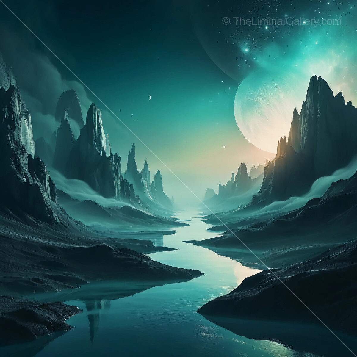 Captivating alien landscape with towering mountains and ethereal river under a radiant celestial body