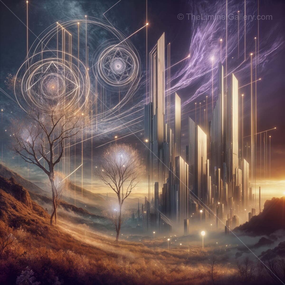 Mystical towers rise amid ethereal phenomena in a stunning twilight landscape