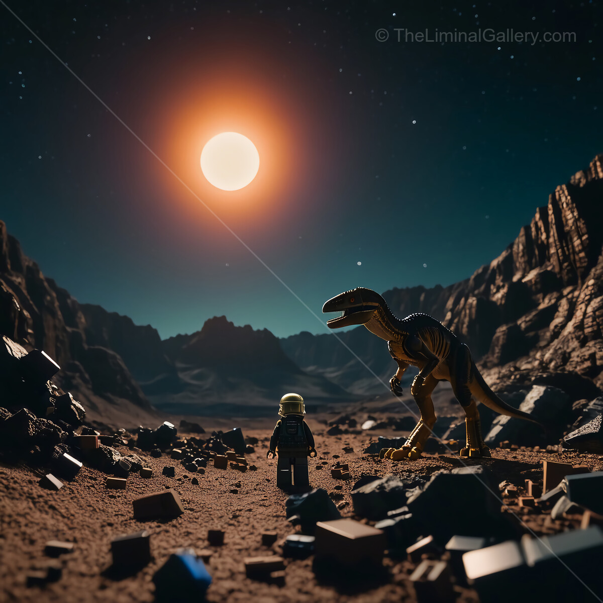 Exploring the alien world at dusk with a dinosaur companion beneath a glowing moon