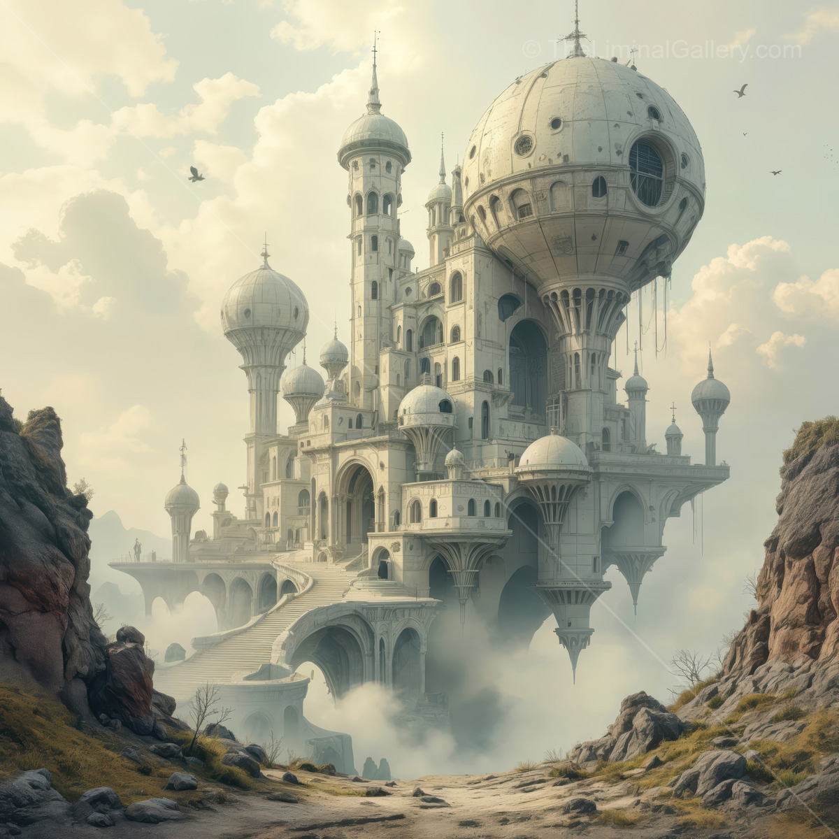 Floating citadel in a surreal landscape surrounded by clouds and rocky terrain, showcasing a blend of advanced technology and ornate architecture