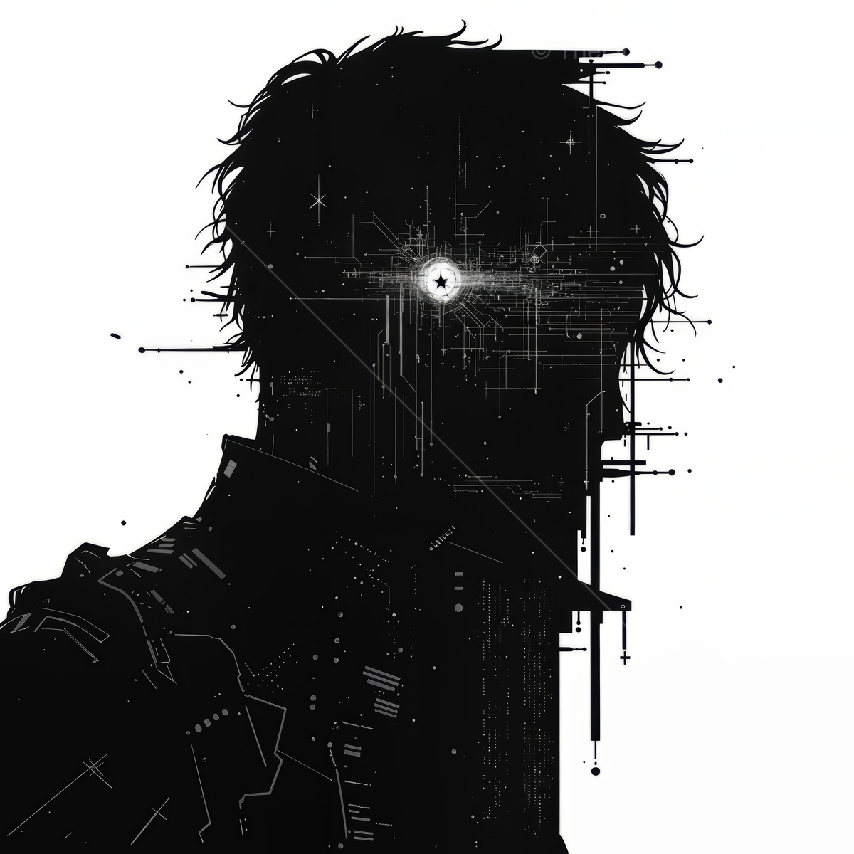 Silhouette of a futuristic figure surrounded by mesmerizing data streams and cosmic elements in a sci-fi realm