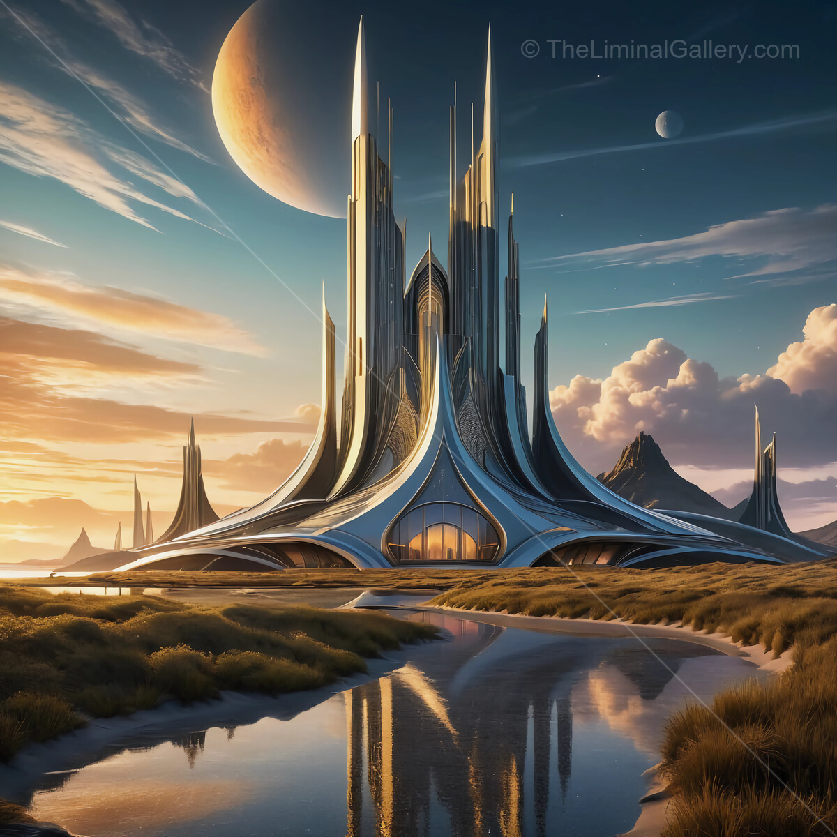 Majestic futuristic city rises beside calm waters under celestial wonders at dusk