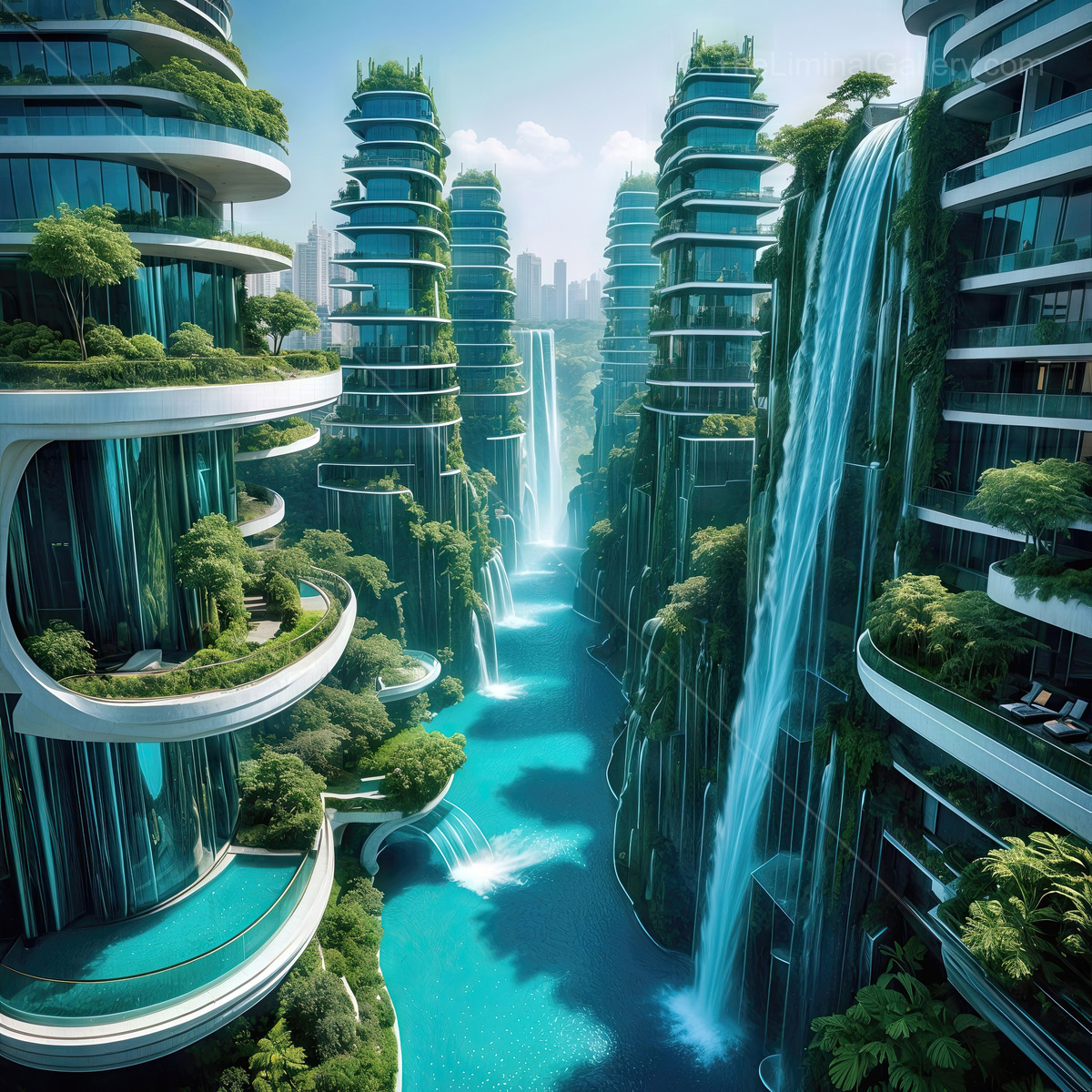 Futuristic city with vertical gardens and cascading waterfalls amid a tranquil waterway