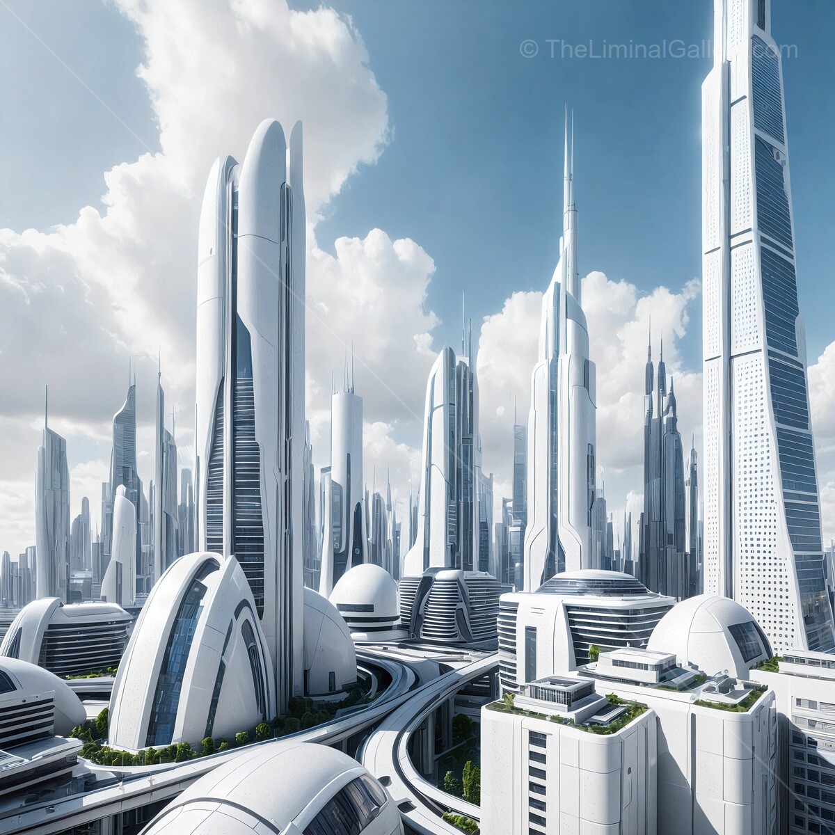 Futuristic skyline showcases innovative architecture under a clear blue sky in a vibrant urban landscape