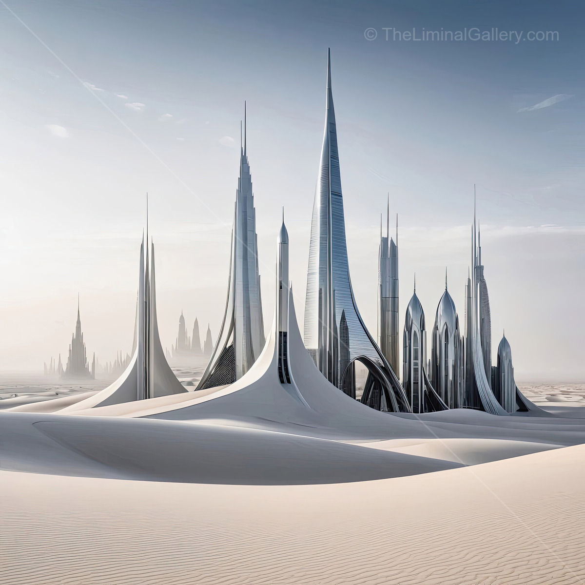 Futuristic skyscrapers rise majestically from the endless desert sand under a clear blue sky