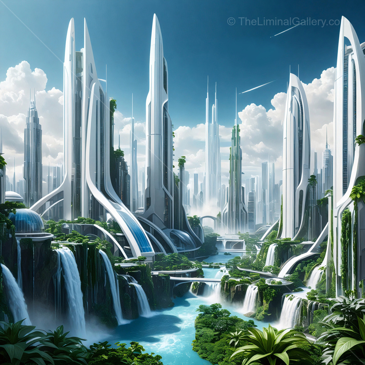 Futuristic cityscape with cascading waterfalls and soaring skyscrapers under a bright blue sky
