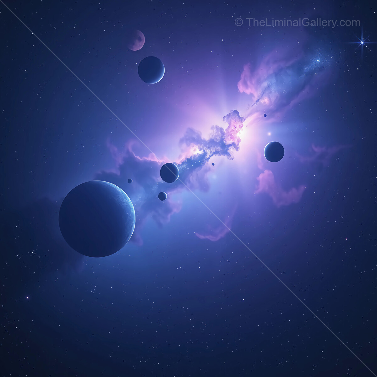 Exploring the vibrant cosmos with swirling galaxies and distant planets in a captivating night sky