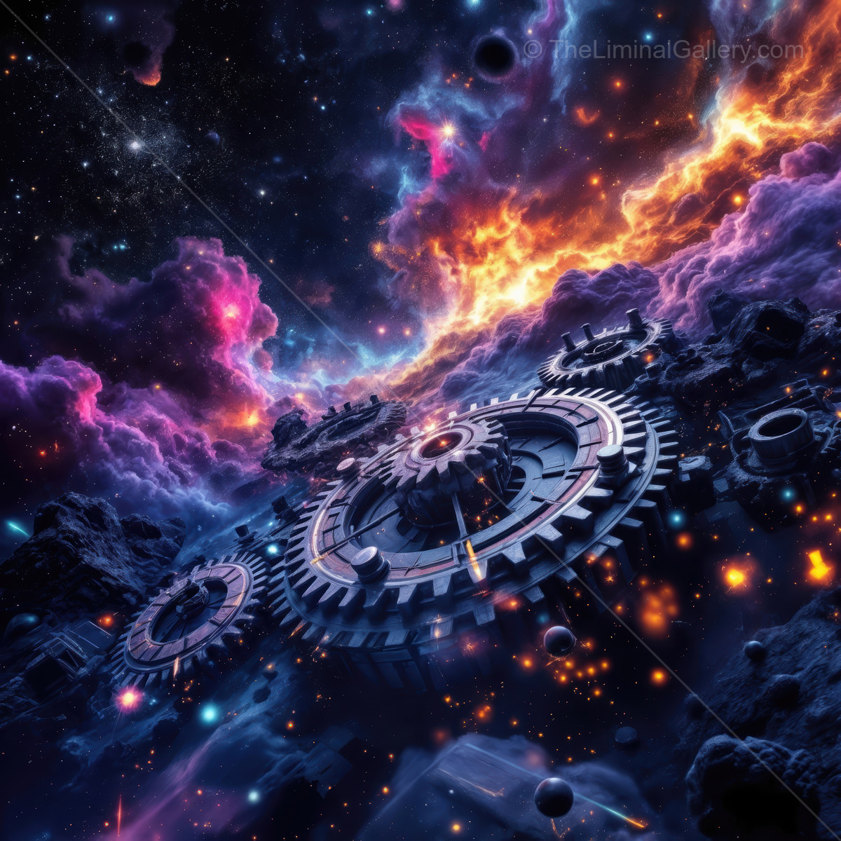 Cosmic gears turning in a vibrant nebula scene filled with stars and celestial wonders