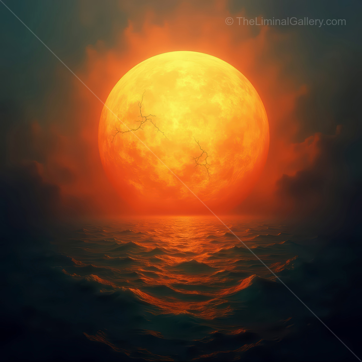 Vibrant alien sun setting over the mysterious ocean, casting warm hues across enchanting waves