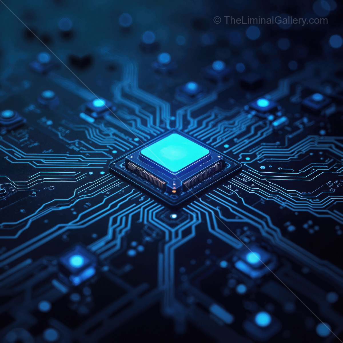 Exploring the intricate connections of a glowing circuit board at night for a futuristic technology vibe