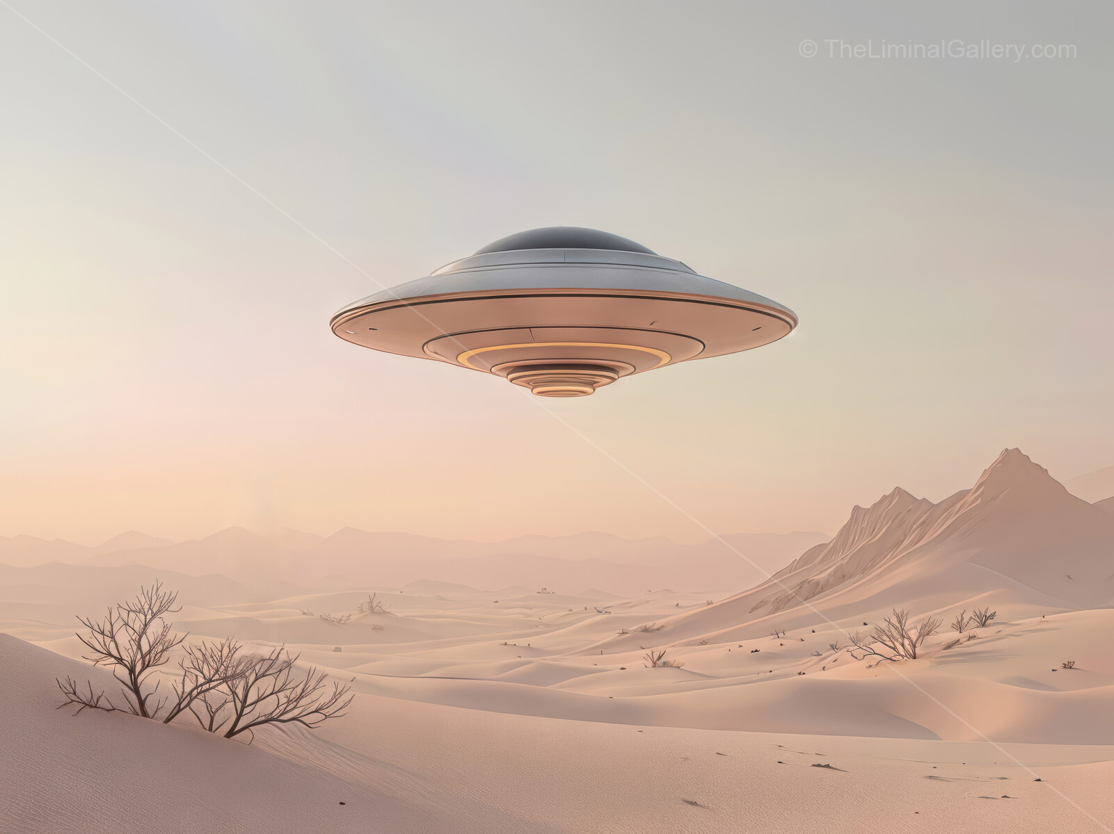 Mysterious spacecraft hovers over an expansive sandy landscape at dusk