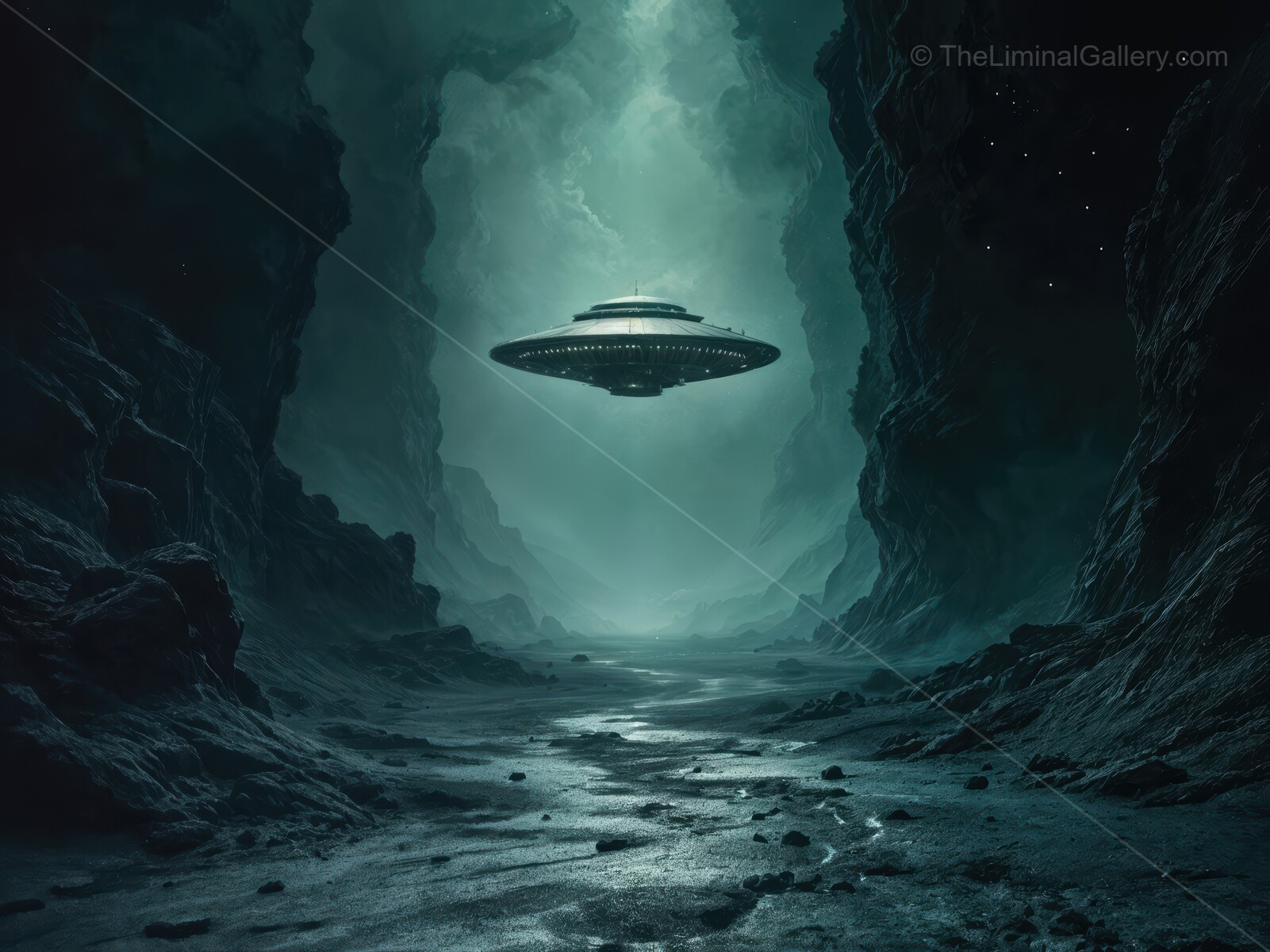 Mysterious spacecraft hovers over a dark canyon in an unknown alien world