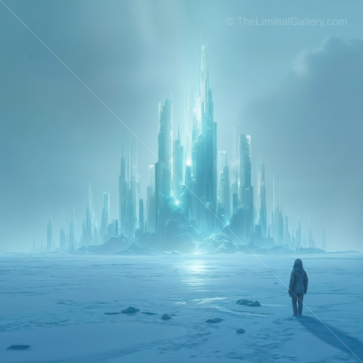 Exploring the icy realm of a shimmering crystal city under a pale blue sky