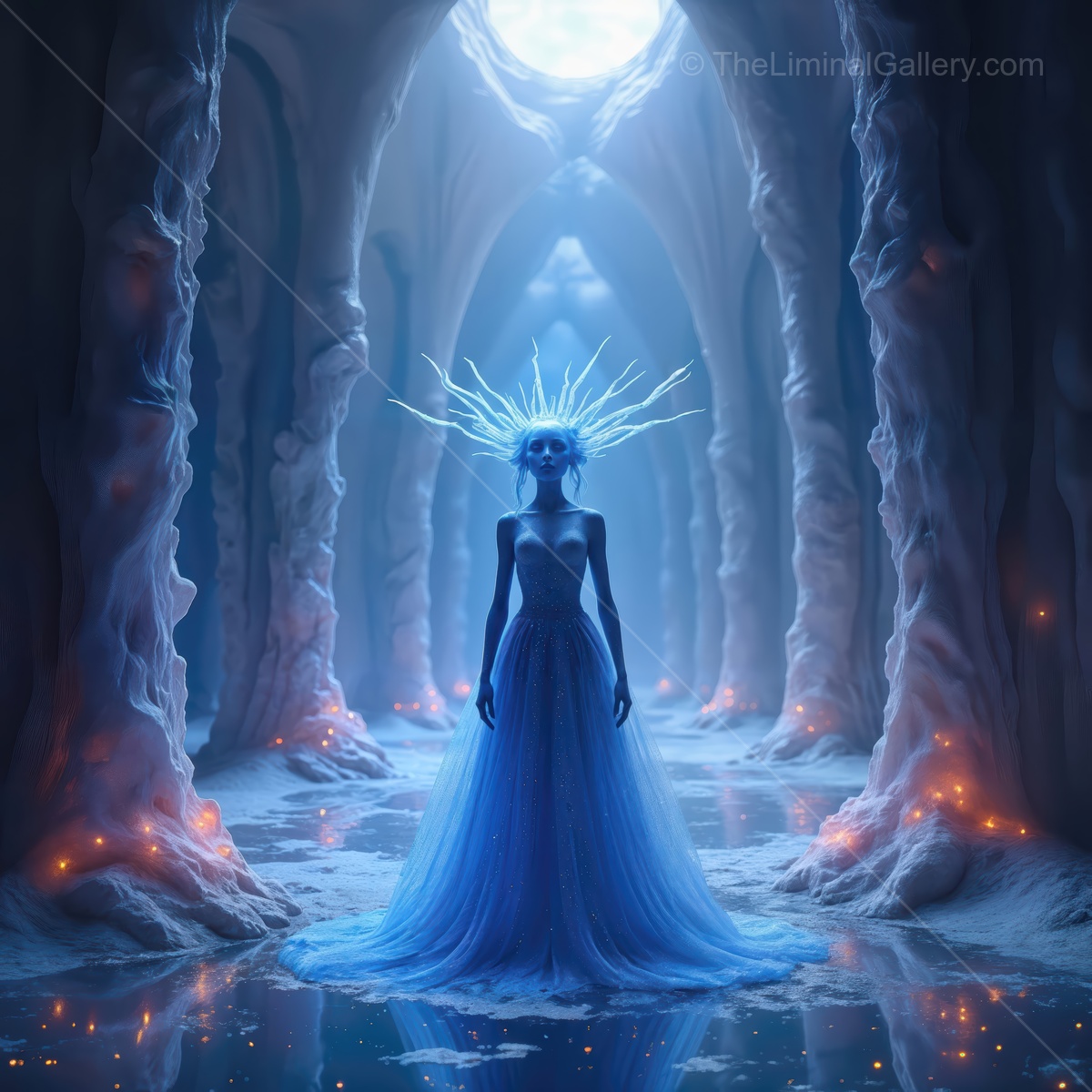 Mysterious figure in a luminous ice cave surrounded by ethereal light and shimmering reflections