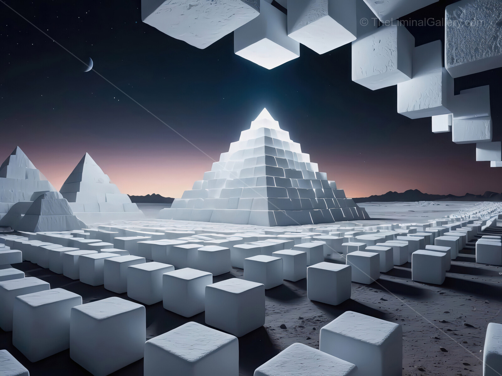 Exploring a surreal landscape of luminous pyramids and floating cubes under a starry sky