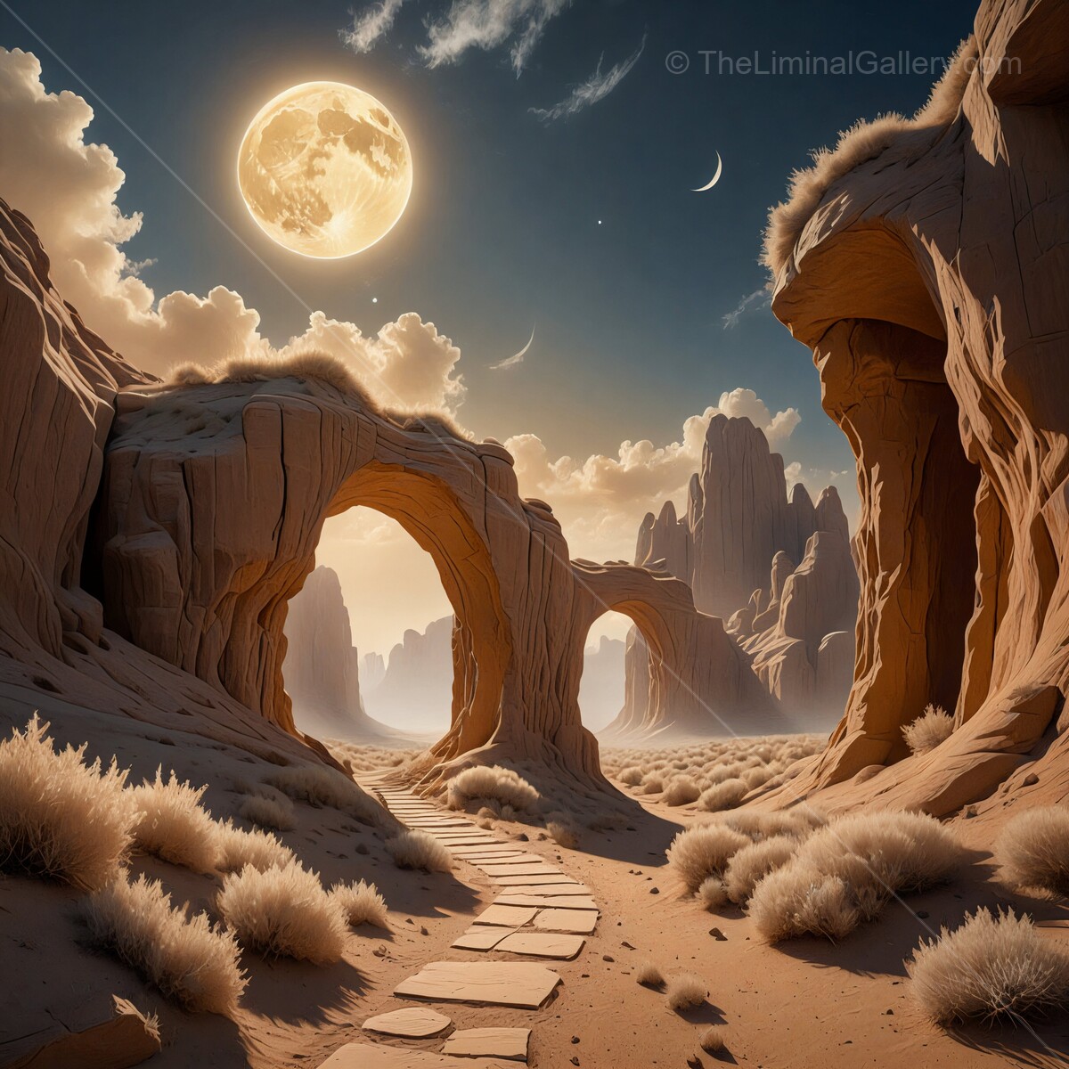 Tall arches rise majestically under a luminous moonlit sky in a desert landscape