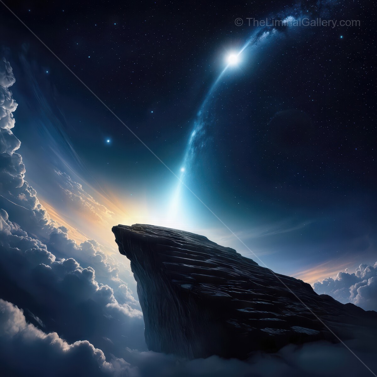 Majestic rock formation emerging from clouds into the cosmic expanse at dawn