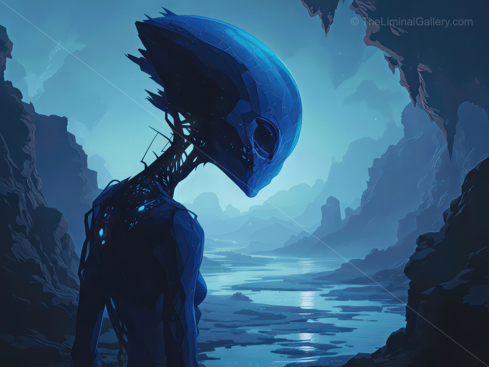 Exploration of an alien landscape under moonlit skies with a mysterious figure in a surreal world