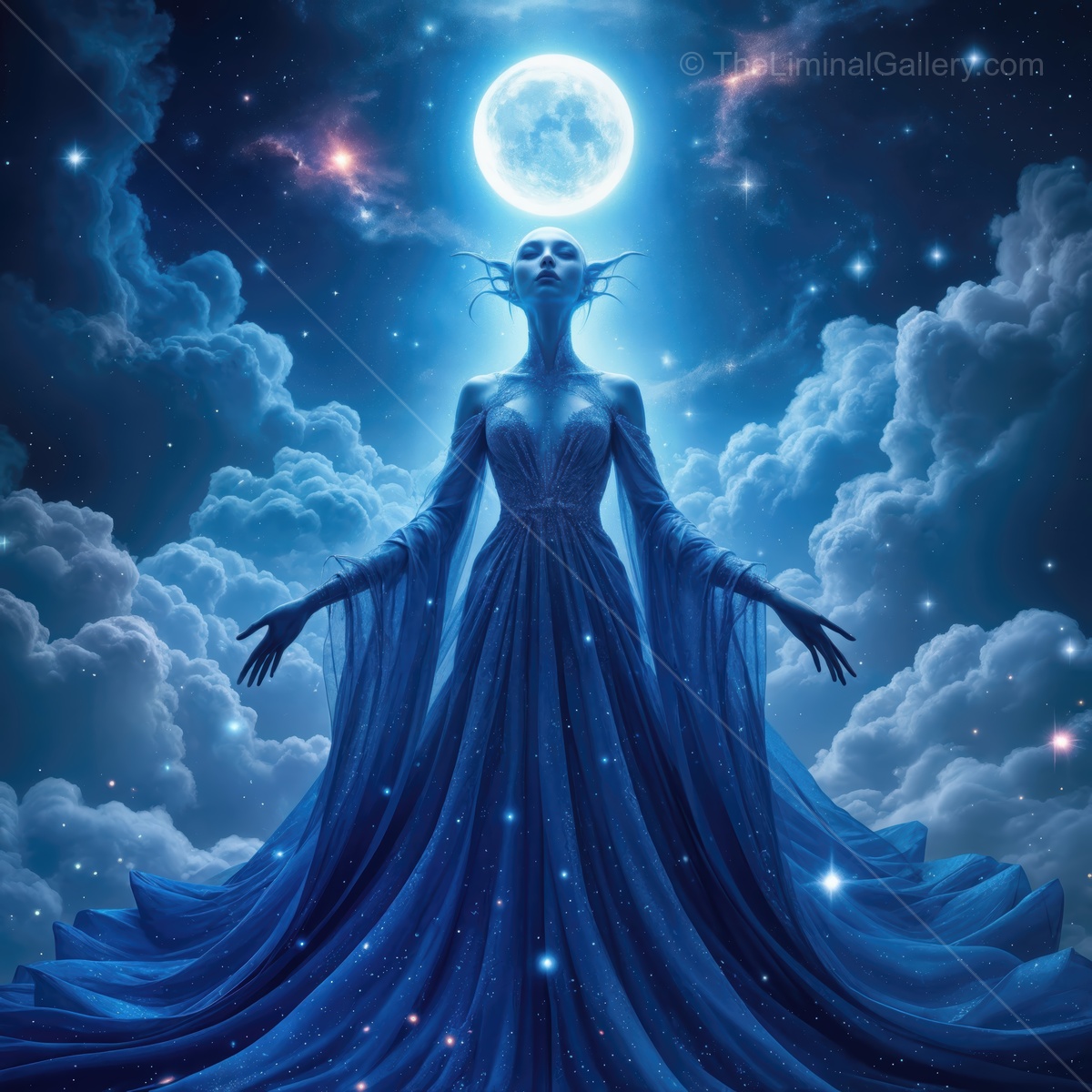 Mysterious figure stands under a glowing moon, surrounded by cosmic clouds in an enchanting sci-fi scene