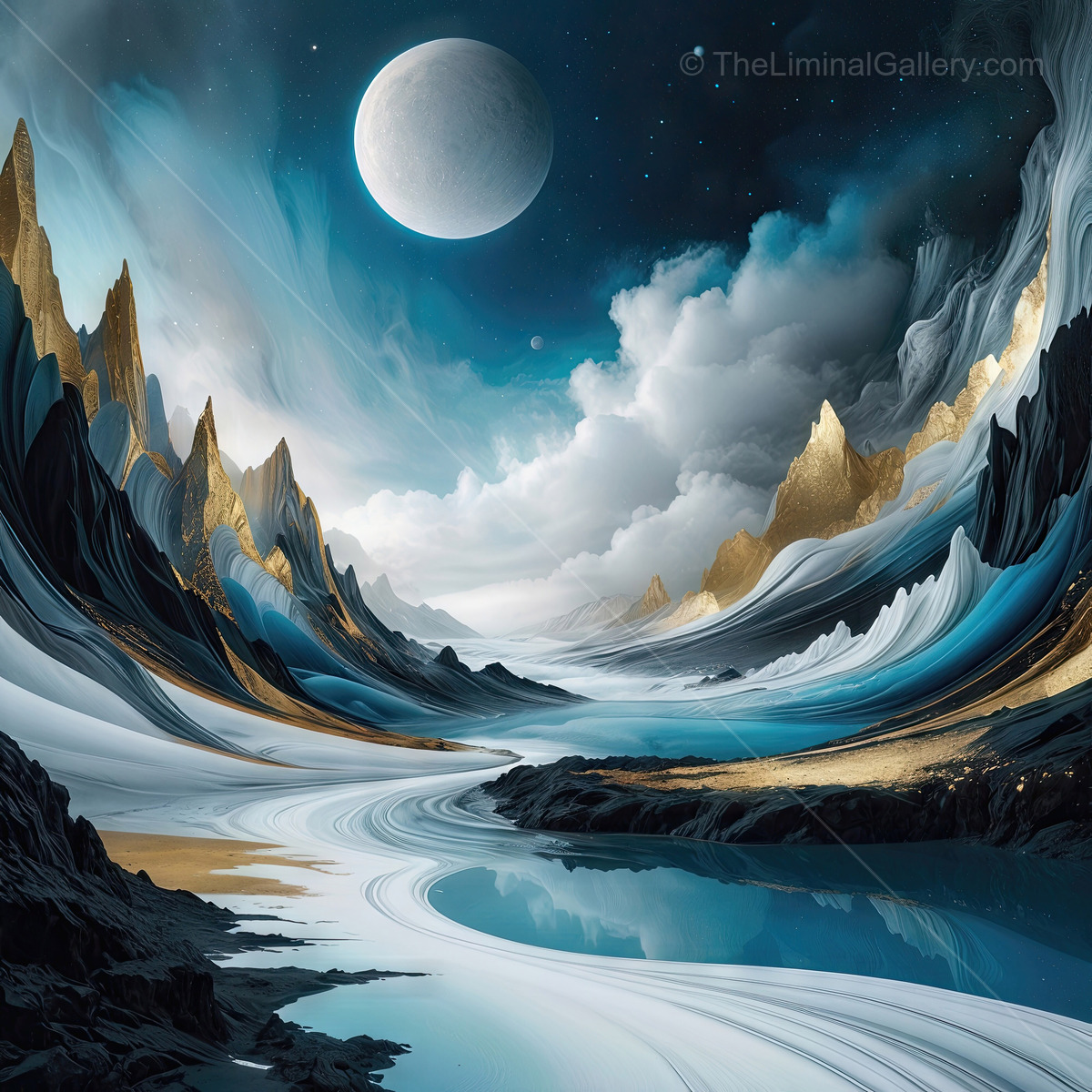 Captivating moonlit landscape with surreal mountains and shimmering water at dusk